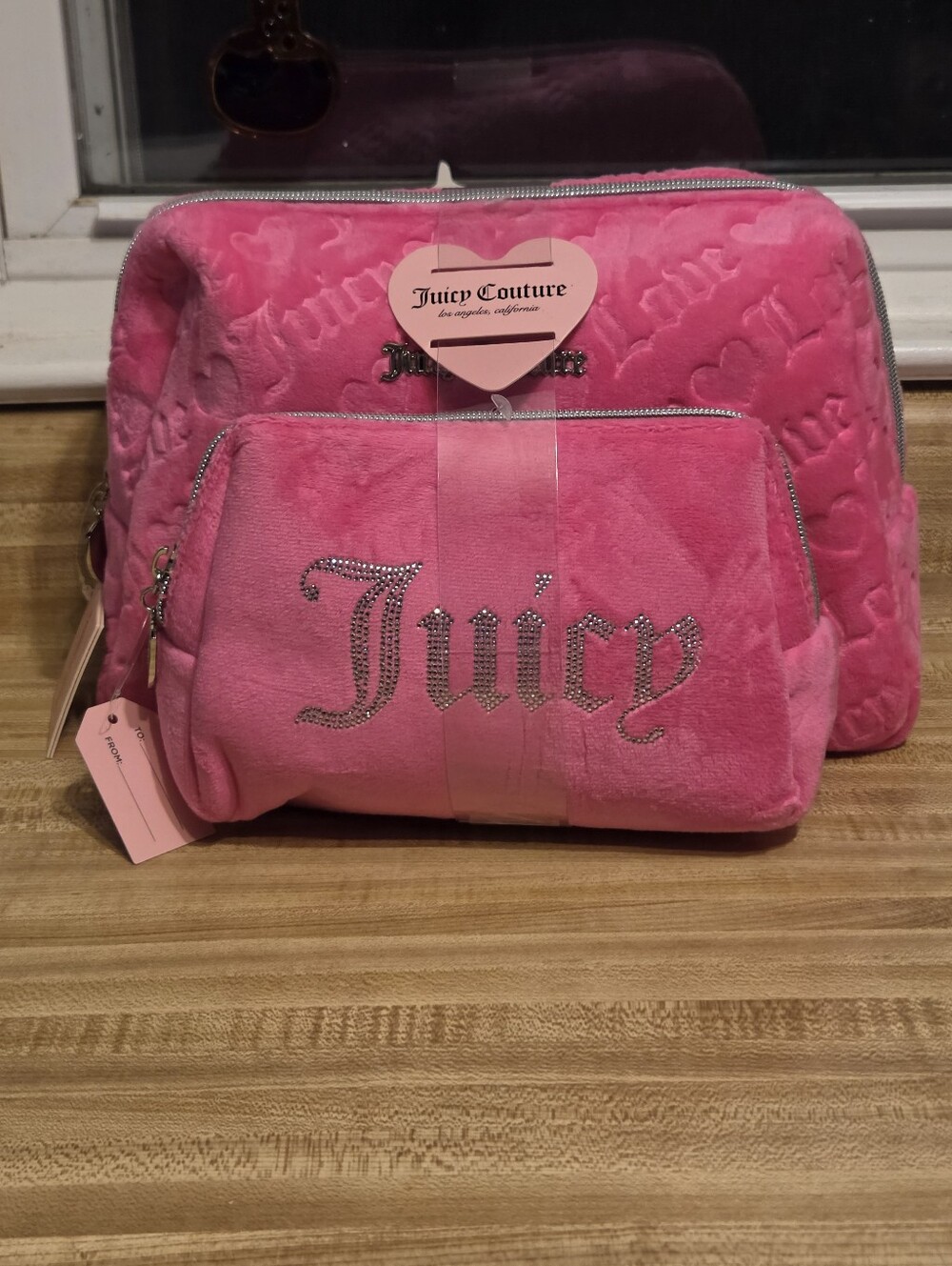 Juicy Couture NWT Pink Velour Large Set Of 2 Cosmetic Bags